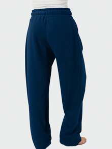 Drawstring Sweatpant For Women Casual  Solid Color Loose Wide Leg Trouser With Pockets - Navy Blue - View 3