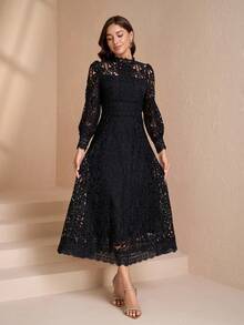 Elegant Stand Collar Long Sleeve Women's Chic Slim Fit Dress, Sophisticated Style