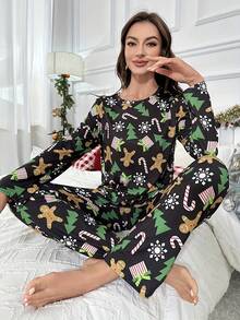 2pcs Women's Long Sleeve Top & Pants Cute Christmas Cartoon Pattern Pajama Set, Autumn/Spring, Fall Clothes