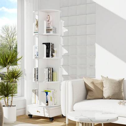 Drehbares Bücherregal mit Rollen, Drehregal Buchregal Bücherschrank mit Schubladen, Bookcase 360° frei Drehbar