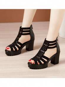 Sandalias De Tacón Grueso De Banda Cruzada Elástica De Punta Descubierta Para Mujer,Sandalias de tacón alto sexy con abertura en los dedos y tirantes de moda para mujer, Mujer minimalista con tacón grueso Sandalias con correa en el tobillo , tacones gruesos y suela gruesa para zapatos de fiesta,graduación, tacones de fiesta, - Negro - Ver 3