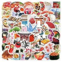 [64pcs Reusable Watercolor Stickers] 64pcs Watercolor Japanese Travel Cute Aesthetics Stickers - Insane Fun, Love, And Doodle Cartoon Art - Cool  Pack - Decoration For Adults, Suitcase, Water Bottle, DIY, Laptop, Skateboard, Luggage, Party, And Gift - Reusable, Irregular Shape, Cartoon Pattern, Suitable For Glass, Metal, And Ceramic Surfaces - Self-Adhesive - 64csp - 查看 1