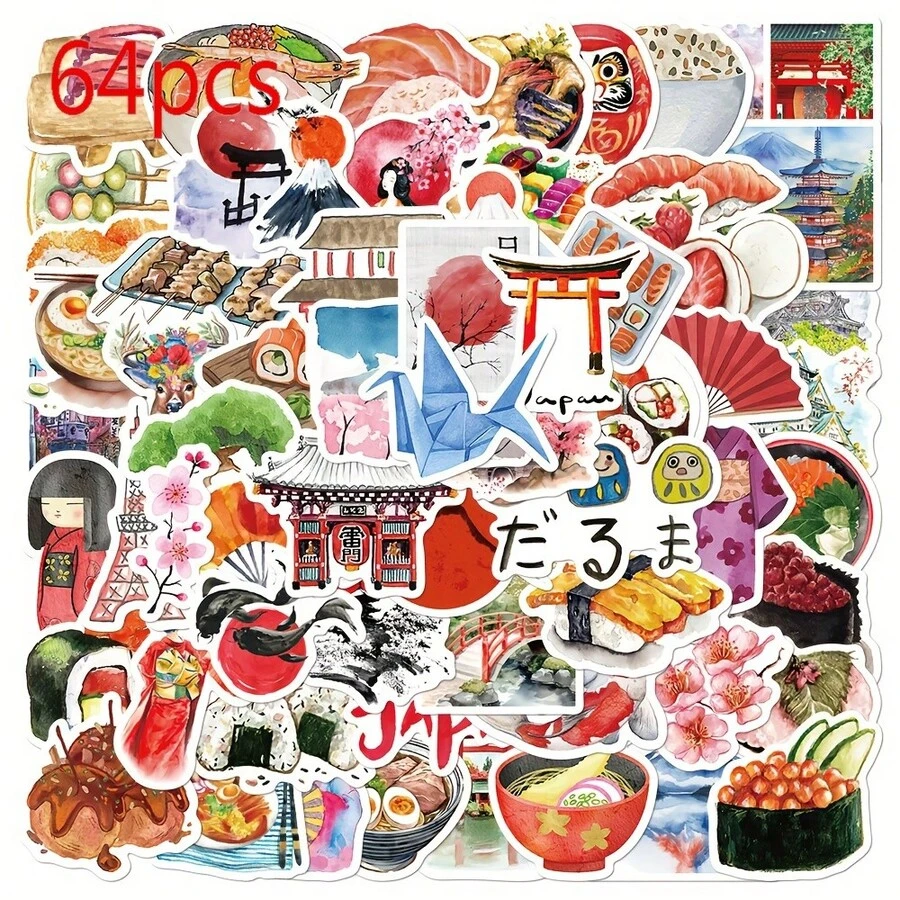 [64pcs Reusable Watercolor Stickers] 64pcs Watercolor Japanese Travel Cute Aesthetics Stickers - Insane Fun, Love, And Doodle Cartoon Art - Cool  Pack - Decoration For Adults, Suitcase, Water Bottle, DIY, Laptop, Skateboard, Luggage, Party, And Gift - Reusable, Irregular Shape, Cartoon Pattern, Suitable For Glass, Metal, And Ceramic Surfaces - Self-Adhesive - 64csp - 查看 1