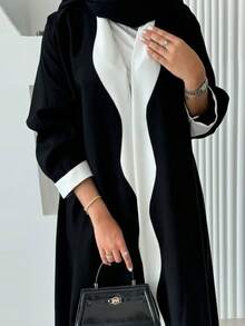 阿拉伯迪拜风格黑白时尚女式开衫长袍外套，中东女式阿巴雅开斋节春季装 - 黑色 - 查看 2