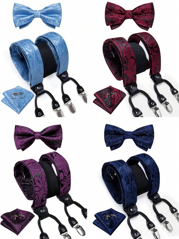 1 Set – Men's 4-Piece Paisley Suspenders Gift Set – Adjustable Elastic Braces, Matching Bow Tie, Pocket Square & Cufflinks | Rustic Vintage Boho Wedding, Groom & Groomsmen, Classic Gentleman Prom Formal Look | High-Quality Wrinkle-Free Polyester