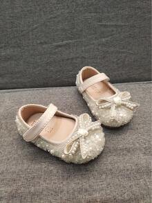 婴儿时尚平底鞋，宝宝春夏学步鞋，全水晶和珍珠装饰蝴蝶结公主鞋，适合女孩，适合派对、正式穿着、度假 - 白色 - 查看 5