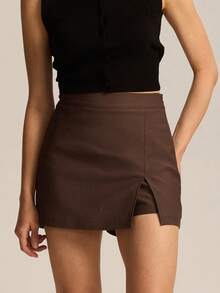 Minifalda ajustada para mujer con cremallera lateral, informal, asimétrica, con dobladillo dividido, para uso diario - Marrón - Ver 4