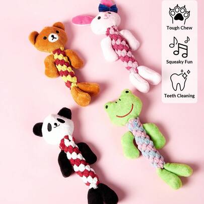 PETSIN 1pc Pet Plush Rope Braided Toy, Cute Animal Shaped Frog Panda Bear Rabbit Design, Chew Toy For Dog Training And Interaction