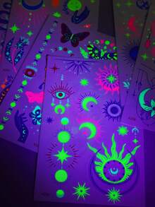 8 Sheets Y2K Glam Neon Glow Temporary Tattoos, Blacklight Body Art Stickers, UV Light Glow Tattoo Stickers, Perfect For Night Parties & Halloween, Assorted Designs For Music Festival And Party Body Make - Multicolor - View 11