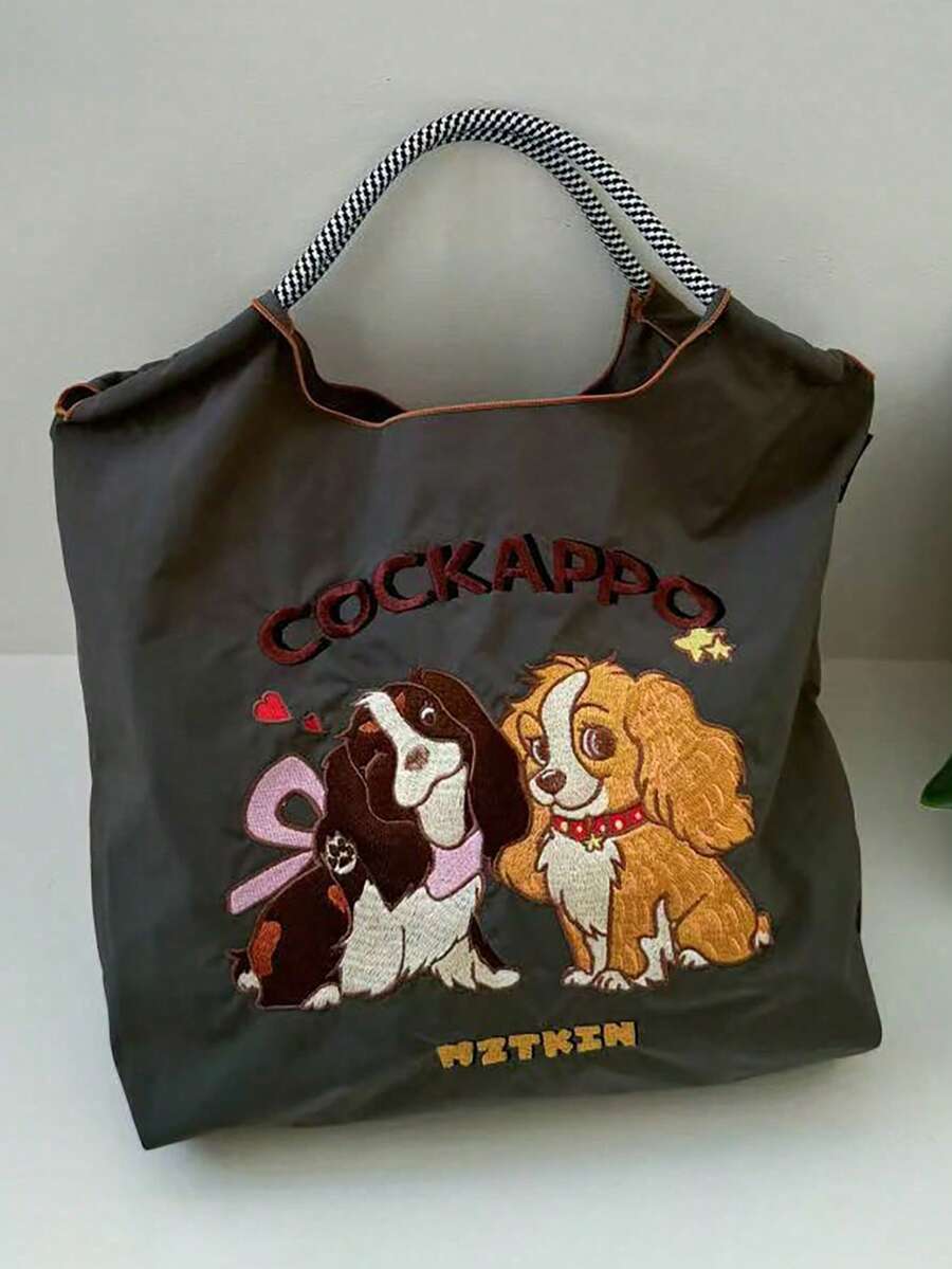 1pc New Casual Embroidered Cockapoo Dog Pattern Nylon Lightweight Large Capacity Tote Bag, Suitable For Commuting And Shopping - View 1