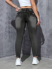 Women's High Waist Skinny Denim Jeans, Crafted With Elastic Drawstring Waist, Subtle Ombre Fade, Functional Front Pockets, And Decorative Button - Accented Back Pockets For Detailed Appeal