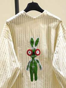 Stylish Blue Striped Blouse For Women, Artistic Loose Casual Shirt, Spring New Arrival - Green - View 3