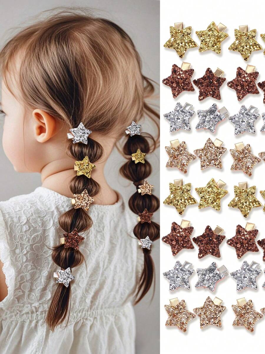 20件/套 女婴可爱闪亮亮片金银星星发夹，公主星小号BB夹，侧夹，鸭夹，刘海夹，日常发饰 - 彩色 - 查看 1