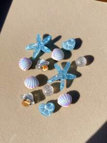 12pcs Cute (Blue Sequin Starfish, White Shell, Mushroom, Wave Heart) Shoe Clips, DIY Decorations, Suitable For Women's Sandals, Slippers, Beach Bags Multifunctional Shoe Clips - Perfect Gift For Holiday Parties And Special Occasions - Blue - View 7