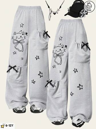 Flickbyxor med raka ben, ljusgrå, sött katt- och stjärnmönster, mjukt och bekvämt tyg, rosettficka, lämplig för vår, sommar, höst, vinter