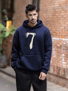 Men's Casual Number "7" Print Pocket Drawstring Hoodie, Autumn/Winter - Navy Blue - View 2