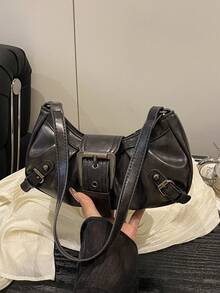 1个女士复古机车朋克风铆钉装饰可调节肩带大容量柔软仿油皮渐变色单肩腋下包，适合工作、通勤、约会、派对、朋克风 - 黑色 - 查看 9