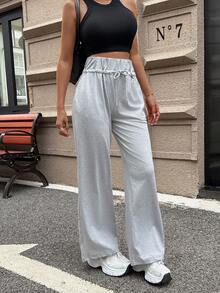 Pantalones de chándal con cintura elástica gris para mujer de VIBEWAVE, joggers holgados con cordón adelgazante, pantalones rectos versátiles y casuales con bolsillos decorativos