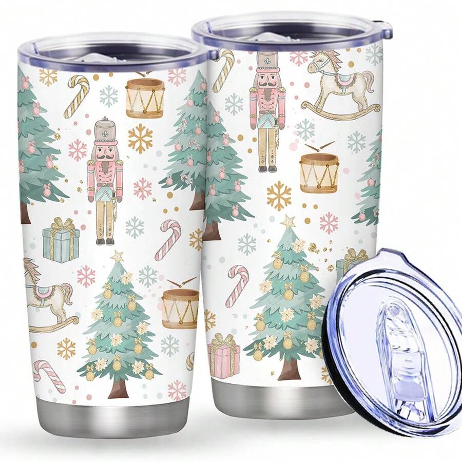 1 Peça Copo de Carro Isolado de Aço Inoxidável de 20oz Edição Limitada de Natal, Uma Reunião de Quebra-Nozes, Cavalo de Madeira e Árvore de Natal, Grande Capacidade, Pode Ser Usado Repetidamente, Uma Necessidade de Férias, Um Presente de Natal.