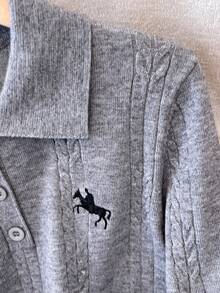 Cárdigan de punto bordado para mujer, diseño de button delantero con decoración de parche, ideal para otoño/invierno, trabajo y uso casual, Top de manga larga, blusas para mujeres, atuendos festivos, ropa, outfits para salir, top de ganchillo, dinero viejo, prendas de mujer desfalleciente, otoño, vuelta al colegio, desgaste de oficina para las mujeres