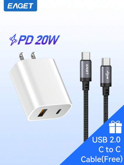 EAGET 20W USB-C 快充充电器，配备快充线，超高速充电器，兼容 、 和平板电脑 - 通用兼容性
