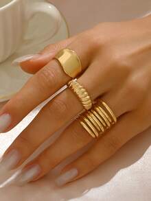 3pcs Asymmetrical Line Smooth Rings, Fashion Accessories Suitable For Women's Daily, Party, And Matching Wear - Multi-layer Ring Set - View 3