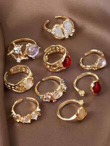 Set 6/9 buah Cincin Tebal Desain Ledakan Batu Permata Imitasi Bentuk Hati Berongga Asimetris, Lucu, Dapat Ditumpuk, Gaya Retro Elegan dan Modis, Cocok untuk Liburan, Pesta, Kencan, Pemakaian Sehari-hari, Juga Cocok Sebagai Hadiah - Gaya 10 - View 6
