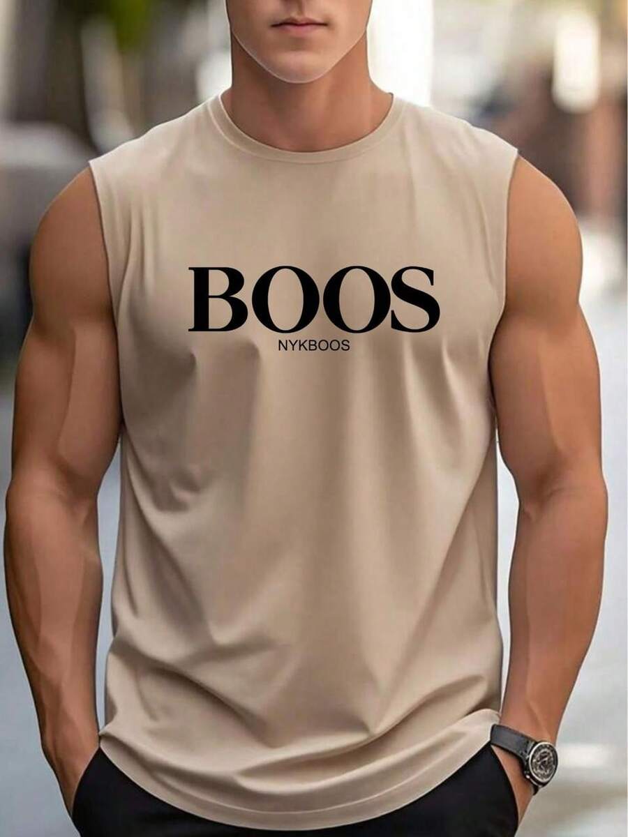 BS Men's Round Neck Tank Top 100% Cotton Shirt Casual Gym Sports Hiking - 米色 - 查看 1