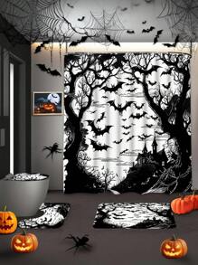 万圣节浴帘套装，带防滑浴室地毯、马桶盖和座椅 - 采用防水涤纶制成，恐怖蝙蝠主题，编织，包含 12 个挂钩 - 必备浴室装饰物品（1 件/4 件） - 彩色 - 查看 3