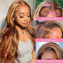 200% 密度蜜金色蕾丝前假发波浪卷发人发混合假发 13x4 高清透明高光渐变色 P4/27 蕾丝前假发 预拔巴西原生发 带婴儿秀发 自然发际线 多种尺寸 完美适合女性 自然造型 - S4/27 - 查看 5