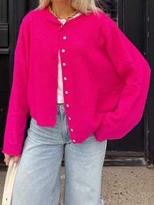 Women Y2k Crew Neck Cardigan Sweater Long Sleeve Button Down Solid Color Top Fall Casual Vintage Lightweight Knitwear - 玫紅色 - 查看 4