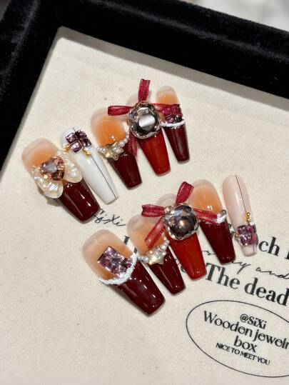 10Pcs/Set Pure Handmade Press On Nails Coffin Nail Set Christmas Nails New Year Festive Red Pure Handcrafted Flashing Point Diamonds Fake Nails Press On Press On Acrylic Nails 1Pc Mini Nail File & 1Sheet Adhesive Tabs Gift For Women & Girl Nail Supplies Nails