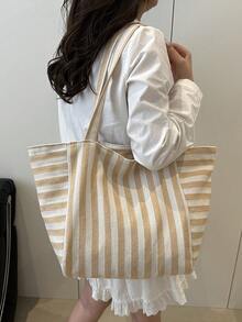 时尚复古条纹帆布手提包，大容量，用途广泛，是工作、上学或户外活动的理想之选，可用作背包、帆布包或沙滩包。 - 卡其色 - 查看 7