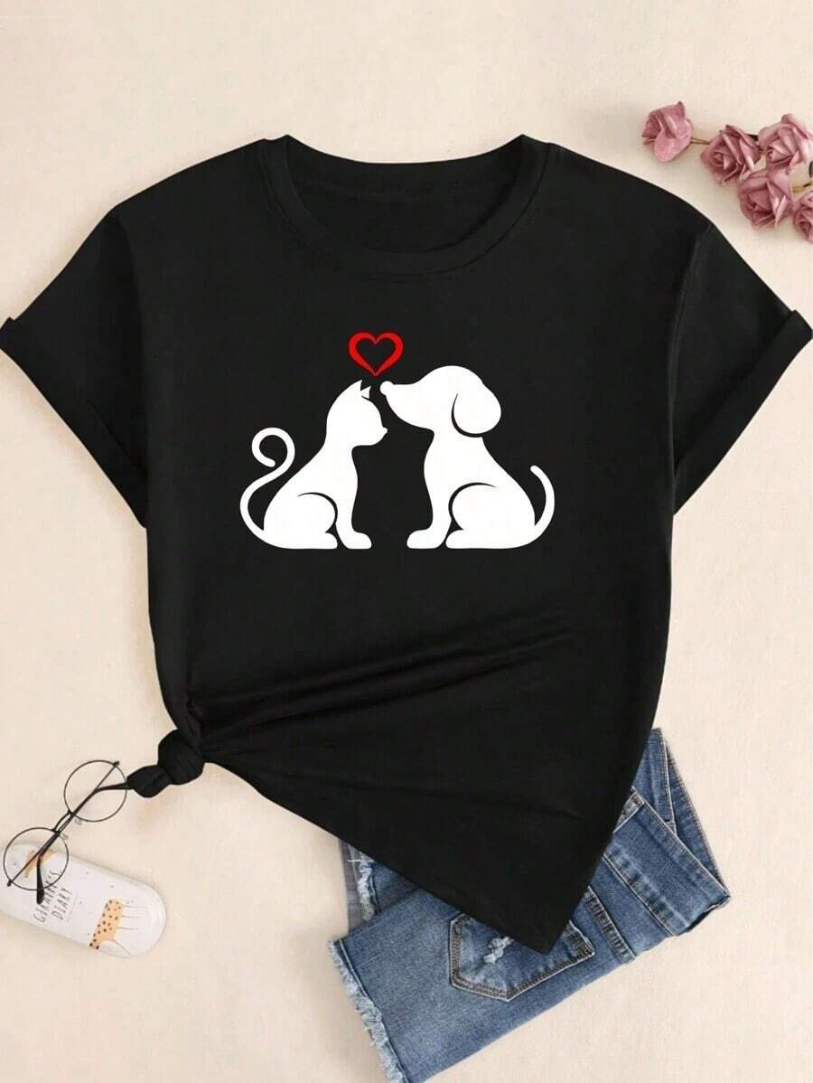 Women's Cat And Dog T-Shirt 100% Cotton Premium Streetwear Top New Release Immediate Shipping Various Colors!! Plus Size