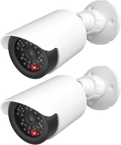 WALI Dummy Fake Camera, Surveillance Security CCTV Dome Camera, Indoor Outdoor Cameras, With One LED Light, Security Alert Sticker Decals (TC-W2), 2 Pack, White