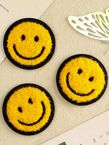 6pcs Happy Face Round Shaggy Chenille Patches, Cartoon Cute Style DIY Decoration For Clothes, Bags, Shoes, Hats - Multicolor - View 1