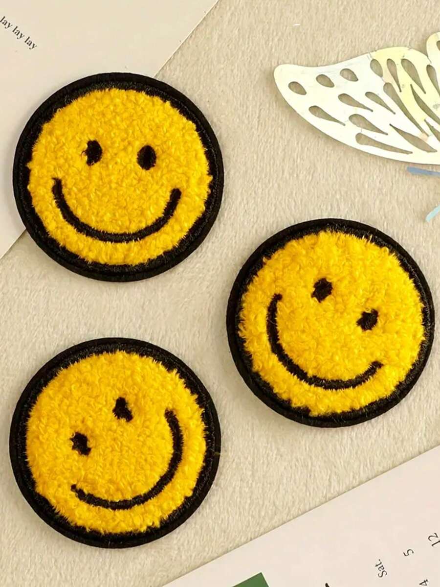 6pcs Happy Face Round Shaggy Chenille Patches, Cartoon Cute Style DIY Decoration For Clothes, Bags, Shoes, Hats - Multicolor - View 1