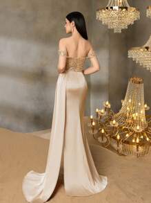 Vestido de noche con lentejuelas para adolescentes de Alisa&Leo - Escote descubierto con Body con cuentas y acentos de cristal, silueta de sirena de satén para graduaciones, bailes de promoción, atuendos de invitados de boda, cenas formales y concursos de belleza