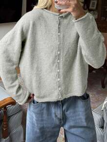 Knit Cardigan For Women Fashionable Versatile Solid Color Long Sleeve Loose Button Down Sweater - Light Grey - View 1