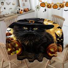 1pc Round Tablecloth, Must-Have For Halloween! Pumpkin + Bat Elements, Ideal For Dark Party Atmosphere, Suitable For Daily Home, Living Room, Dining Room, Theme Party Events, Washable And Reusable
