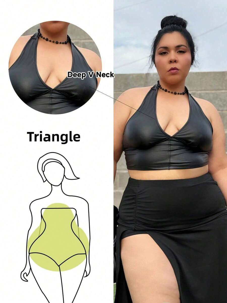 Truni Elyhuante_03 Plus Size Pu Leather Sleeveless Crop Top With Lace-Up Back, For Pear Triangle Body Shape - Black - View 1