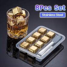 8pcs Metal Whiskey Golden Stones With Silicone Tong Set, Golden Stainless Steel Whiskey Ice Cubes, Golden Reusable Chilling Ice Cubes Wine Chiller For Beer, Vodka, Liqueurs, Sushi, Cocktail Party Bar, Drinks Cooler Set, - Vàng - Xem 9