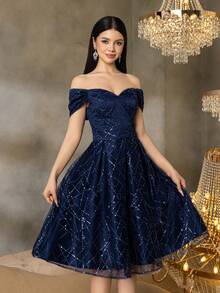 Đầm dạ hội trễ vai dáng lửng lấp lánh Alisa&Leo - Thích hợp cho các buổi dạ tiệc mùa hè, dạ hội tốt nghiệp và các sự kiện trang trọng của trường. - Màu xanh hải quân - Xem 6