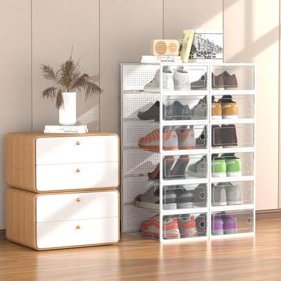 Paquete de 12 Cajas de Almacenamiento para Zapatos Plásticas, Plegables y Apilables, Transparentes y Blancas, Impermeables con Ventilación, Hasta Talla 44, Organizador para Clóset o Armario-061