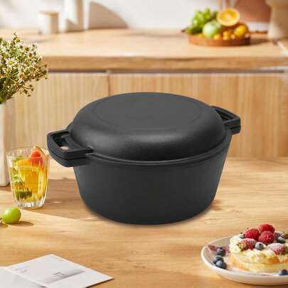 26cm Pure Cast Iron Dutch Oven Pot With Skillet Lid, Dual Handle Heavy Duty Casserole For Braising/Roasting, Gas/Halogen/Electric Hob Compatible (Black, 10 Inch)