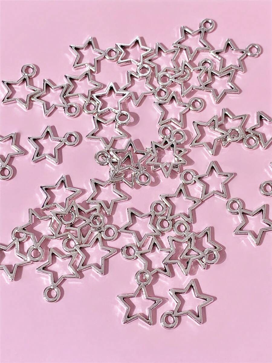 40 piezas/paquete Colgante en forma de estrella mini de color plata, adecuado para hacer joyas, collares, aretes, llaveros DIY - Plateado - Ver 1