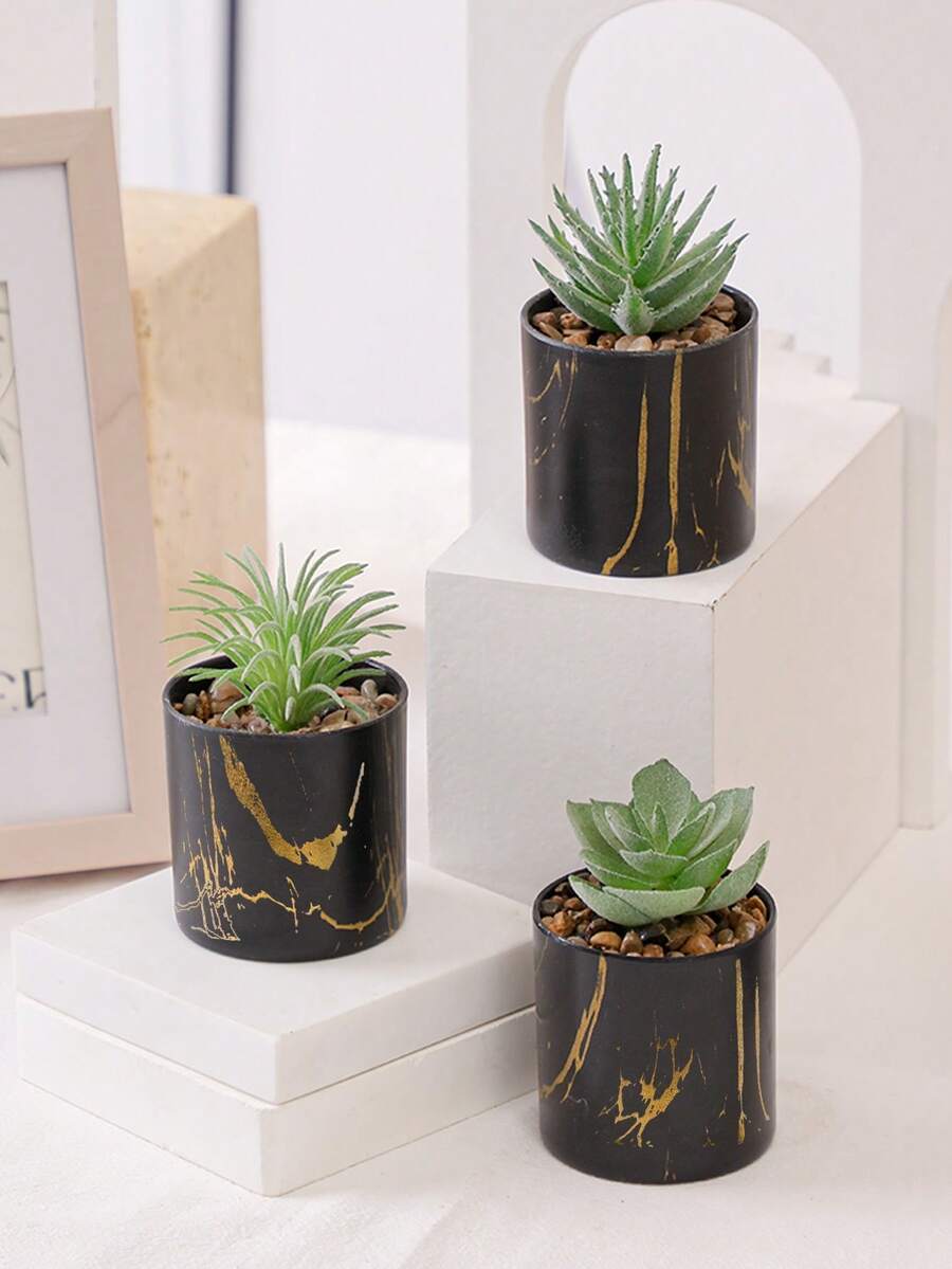 3盆仿真迷你多肉植物，绿色芦荟造型，黑色大理石花盆，PE材质，仿真多肉，桌面摆件，家居装饰礼品，生日毕业乔迁之喜，春夏装饰，复活节，送给植物爱好者的礼物，纪念品