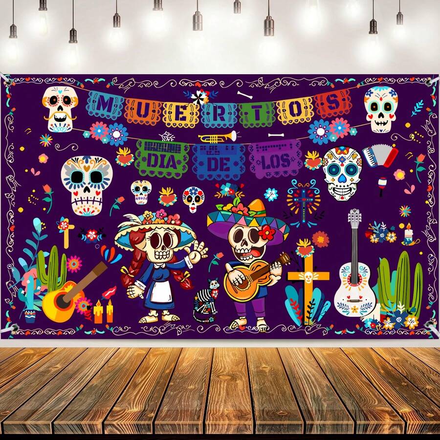 1 Pc Spooky Happy Halloween Banner, 72x44 Inch | Day Of The Dead Backdrop, Dia De Los Muertos Decorations | Spanish Happy Halloween Banner Decorations, Dia De Los Muertos Backdrop - 彩色 - 查看 1