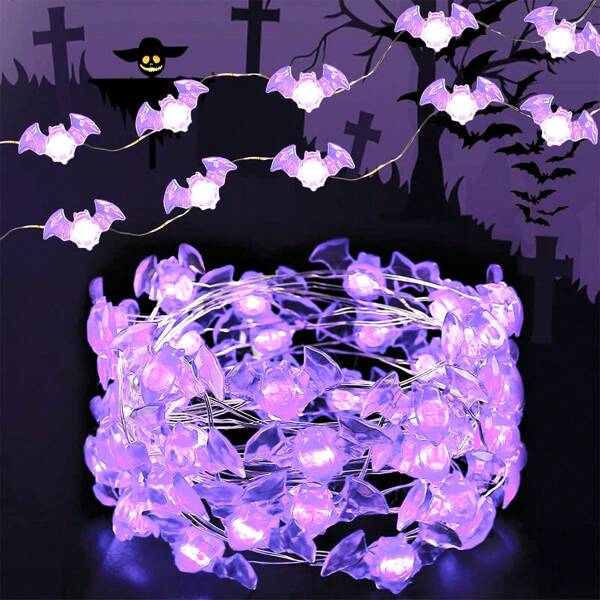 1 pieza 20/30 LED Luz de cadena de alambre de cobre con murciélagos para Halloween, alimentada por batería, lámpara de hadas de murciélagos morados para crear ambiente, ideal para el hogar, dormitorio, jardín, patio, sala de estar, comedor, fiesta, decoración de Halloween, decoración del hogar, decoración de fiestas, decoración de Halloween, decoración de habitaciones, decoración de jardín de Halloween, regalo