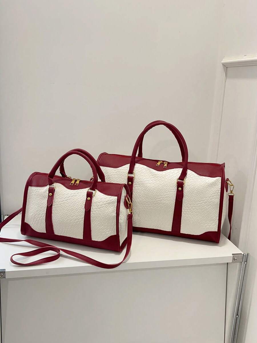 1pc Canvas Contrast Color Patchwork Fashion Duffle Bag,UnisexTravel Luggage,Suitable For Overnight Stay, Commuting,Short-Distance Travel(Small Size Fo R Commuting,Large Size For Short-Trip) Travel Essentials Holiday Vacation Luggage Suitcase Travel Bag For Women - Burgundy - View 1